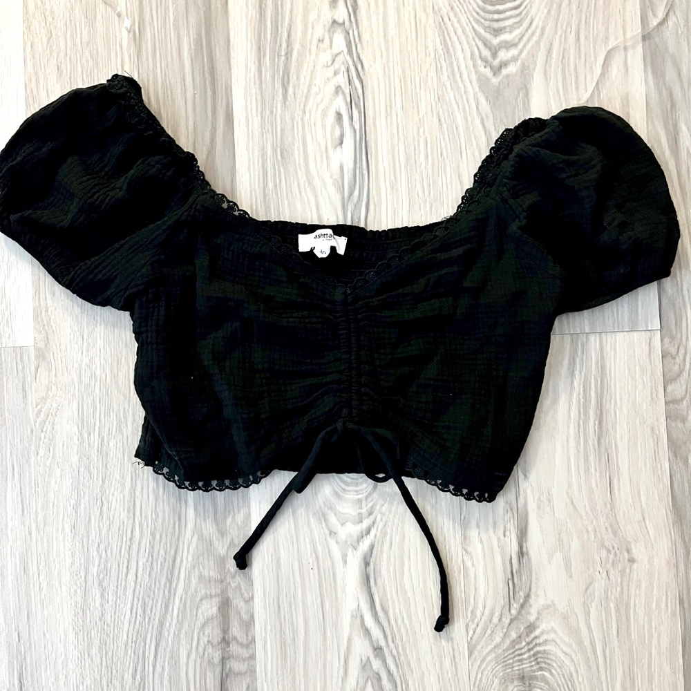 Cropped off the shoulder tie front blouse, puff sleeve